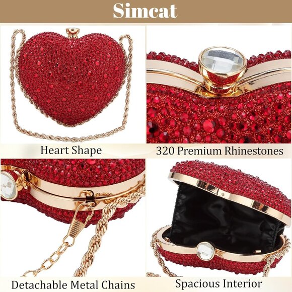 ⚡  Women's Cute Heart Shape Rhinestone Evening Wedding Red Clutch Handbag - Picture 6 of 6